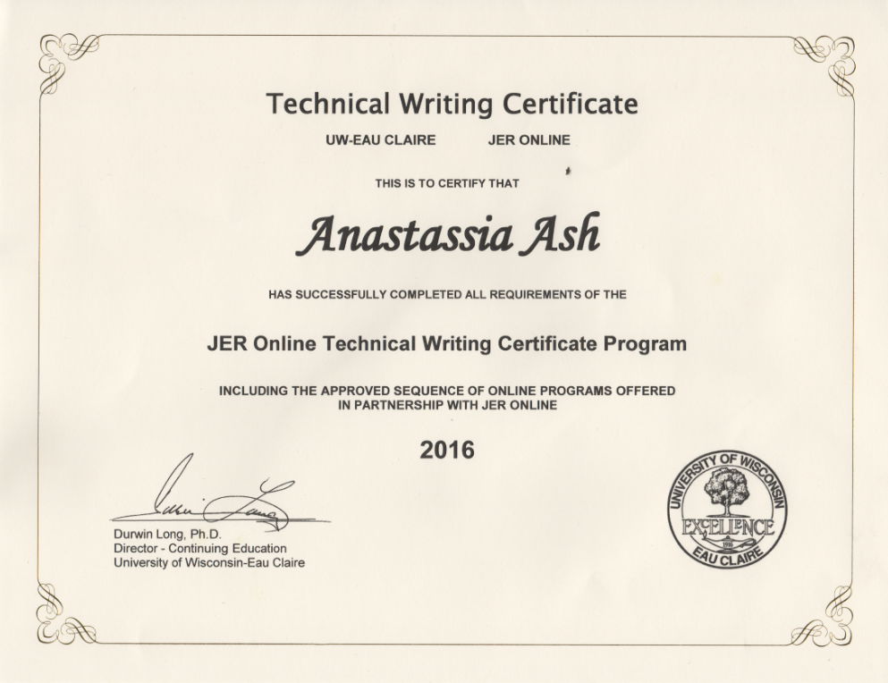 Technical writing certificate regarding in a sentence